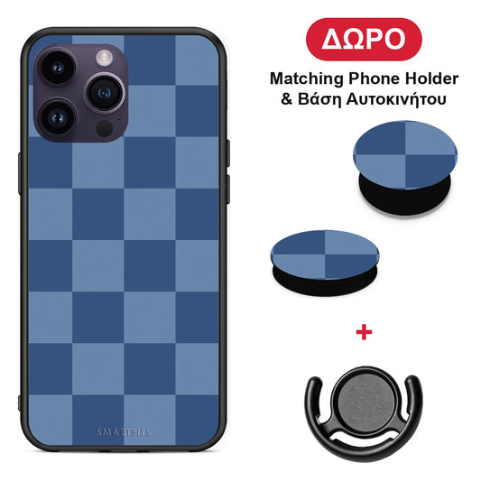 Denim Blue Checkerboard - iPhone 15 Pro θήκη + Δώρο Phone Holder & Βάση Αυτοκινήτου