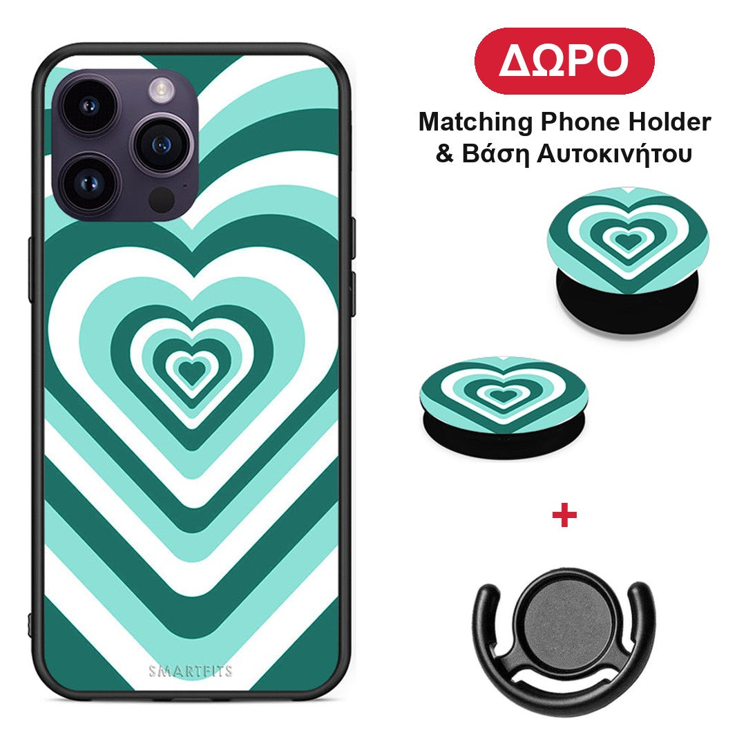 Green Hearts - iPhone 15 Pro θήκη + Δώρο Phone Holder & Βάση Αυτοκινήτου