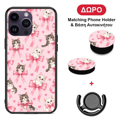 Kittens and Pink Bows on Pink - iPhone 15 Pro θήκη + Δώρο Phone Holder & Βάση Αυτοκινήτου