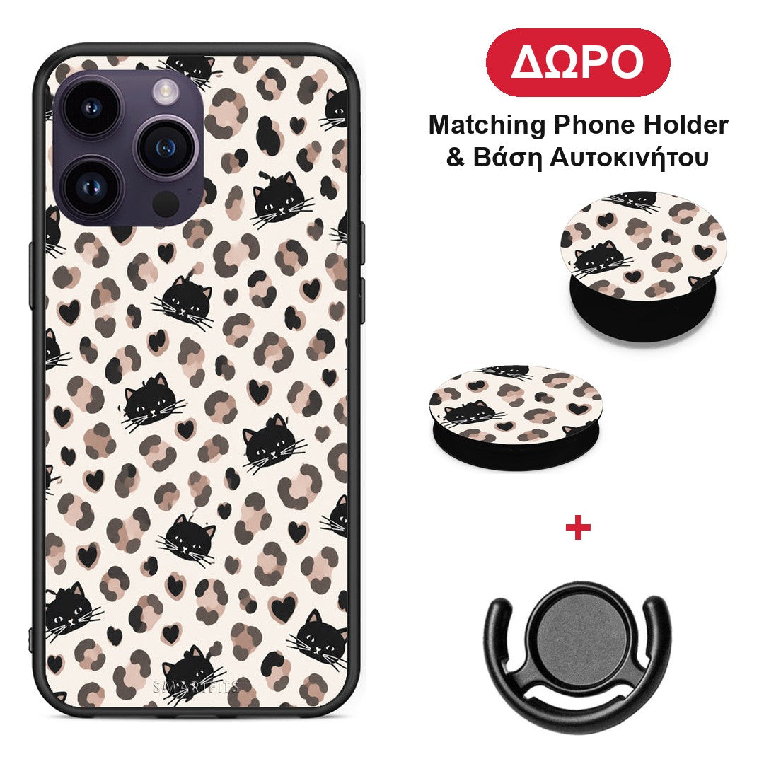 Leopard Spots and Black Cats on Cream - iPhone 15 Pro θήκη + Δώρο Phone Holder & Βάση Αυτοκινήτου