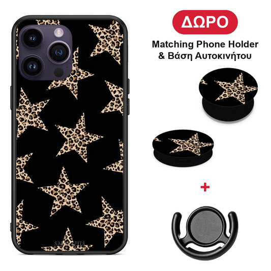 Leopard Stars on Black - iPhone 15 Pro θήκη + Δώρο Phone Holder & Βάση Αυτοκινήτου