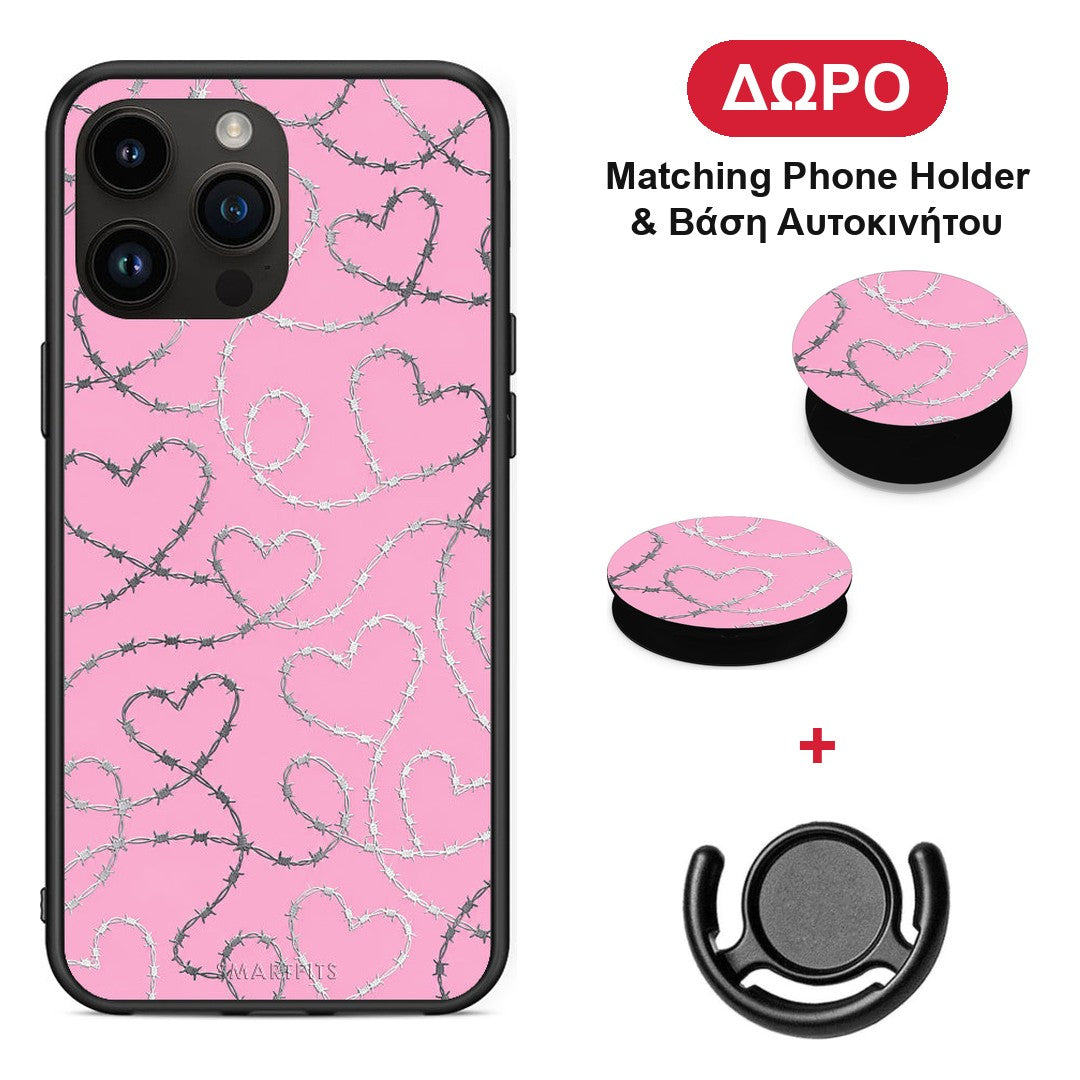 Barbed Wire Hearts on Pink - iPhone 15 Pro Max θήκη + Δώρο Phone Holder & Βάση Αυτοκινήτου