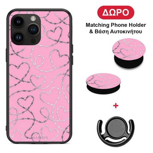 Barbed Wire Hearts on Pink - iPhone 15 Pro Max θήκη + Δώρο Phone Holder & Βάση Αυτοκινήτου
