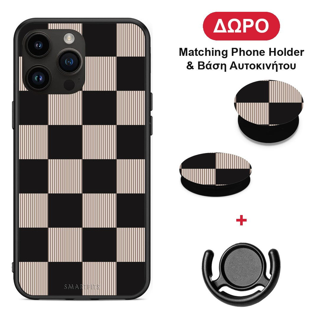 Black and Taupe Striped Checks - iPhone 15 Pro Max θήκη + Δώρο Phone Holder & Βάση Αυτοκινήτου