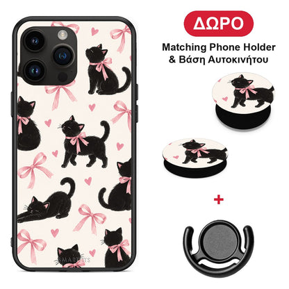 Black Kittens and Pink Bows on Cream Large - iPhone 15 Pro Max θήκη + Δώρο Phone Holder & Βάση Αυτοκινήτου