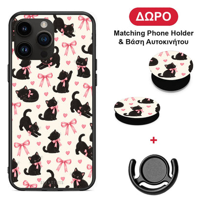 Black Kittens and Pink Bows on Cream Small - iPhone 15 Pro Max θήκη + Δώρο Phone Holder & Βάση Αυτοκινήτου
