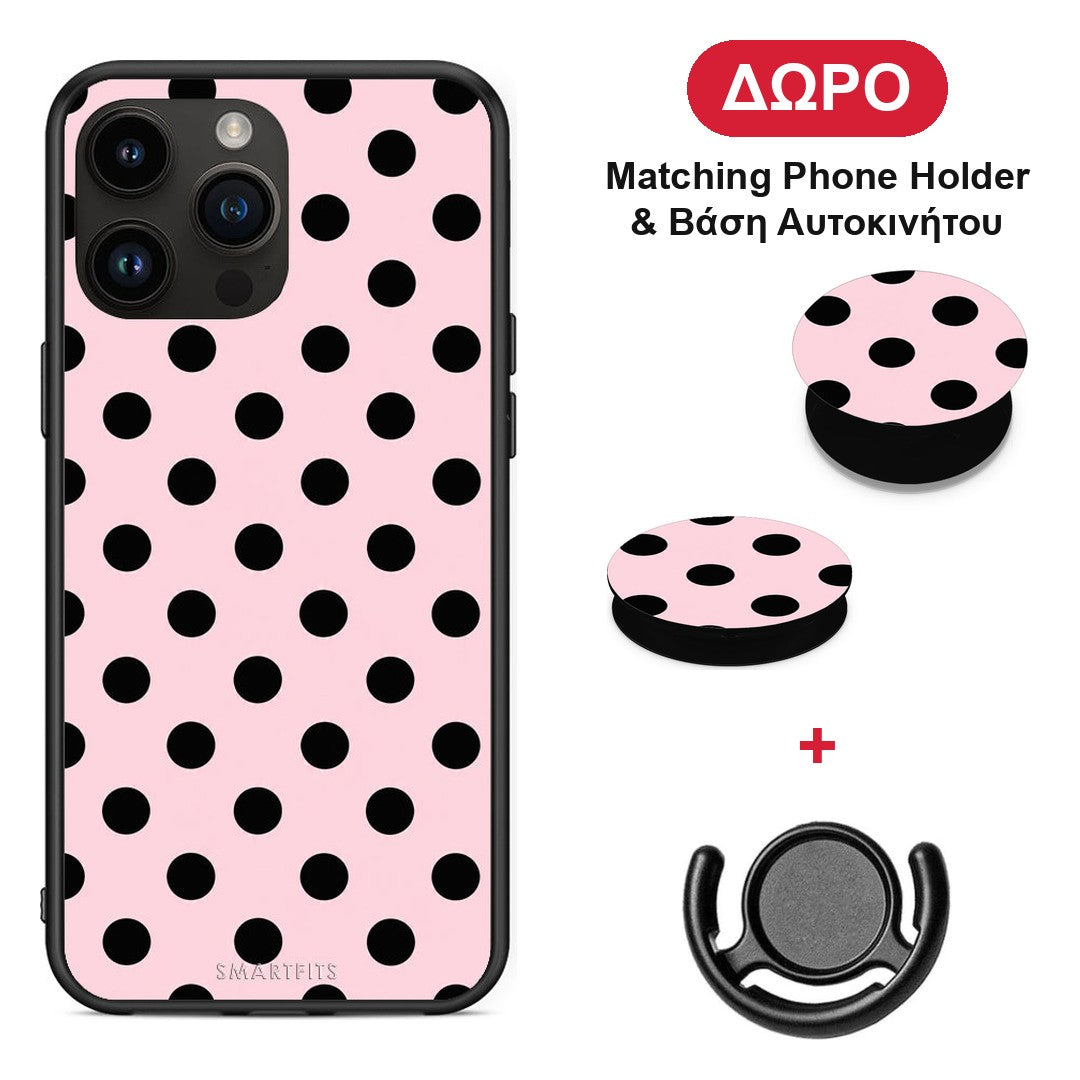 Black Polka Dots on Pink - iPhone 15 Pro Max θήκη + Δώρο Phone Holder & Βάση Αυτοκινήτου