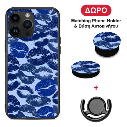 Blue Lipstick Kisses - iPhone 15 Pro Max θήκη + Δώρο Phone Holder & Βάση Αυτοκινήτου