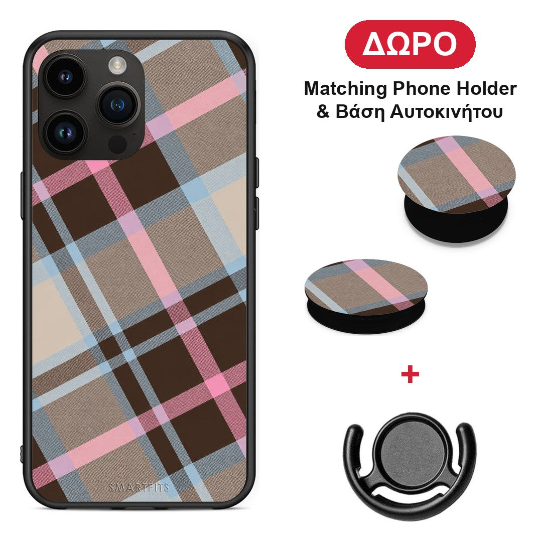 Brown Pink and Blue Diagonal Plaid - iPhone 15 Pro Max θήκη + Δώρο Phone Holder & Βάση Αυτοκινήτου
