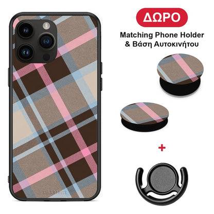 Brown Pink and Blue Diagonal Plaid - iPhone 15 Pro Max θήκη + Δώρο Phone Holder & Βάση Αυτοκινήτου