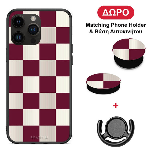 Burgundy and Cream Striped Checks - iPhone 15 Pro Max θήκη + Δώρο Phone Holder & Βάση Αυτοκινήτου