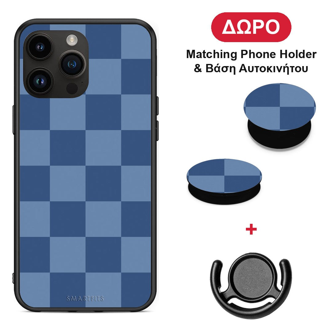 Denim Blue Checkerboard - iPhone 15 Pro Max θήκη + Δώρο Phone Holder & Βάση Αυτοκινήτου