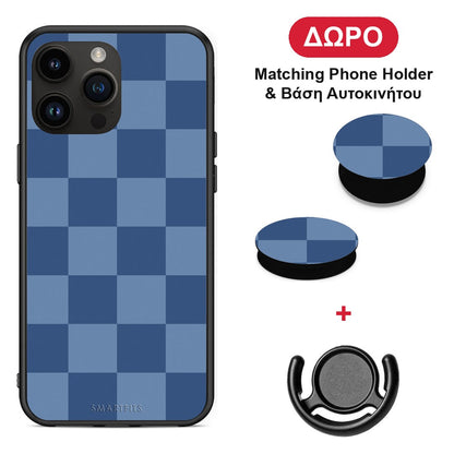Denim Blue Checkerboard - iPhone 15 Pro Max θήκη + Δώρο Phone Holder & Βάση Αυτοκινήτου
