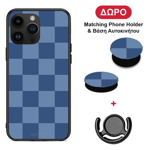 Denim Blue Checkerboard - iPhone 15 Pro Max θήκη + Δώρο Phone Holder & Βάση Αυτοκινήτου