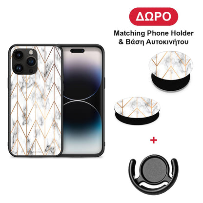 Marble Gold Geometric - iPhone 15 Pro Max θήκη + Δώρο Phone Holder & Βάση Αυτοκινήτου