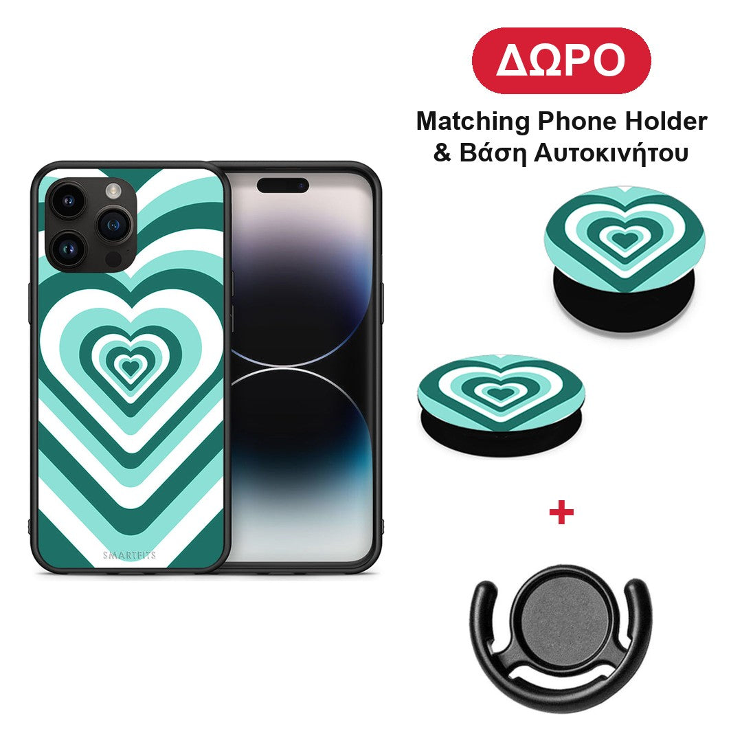 Green Hearts - iPhone 15 Pro Max θήκη + Δώρο Phone Holder & Βάση Αυτοκινήτου