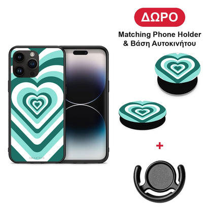 Green Hearts - iPhone 15 Pro Max θήκη + Δώρο Phone Holder & Βάση Αυτοκινήτου