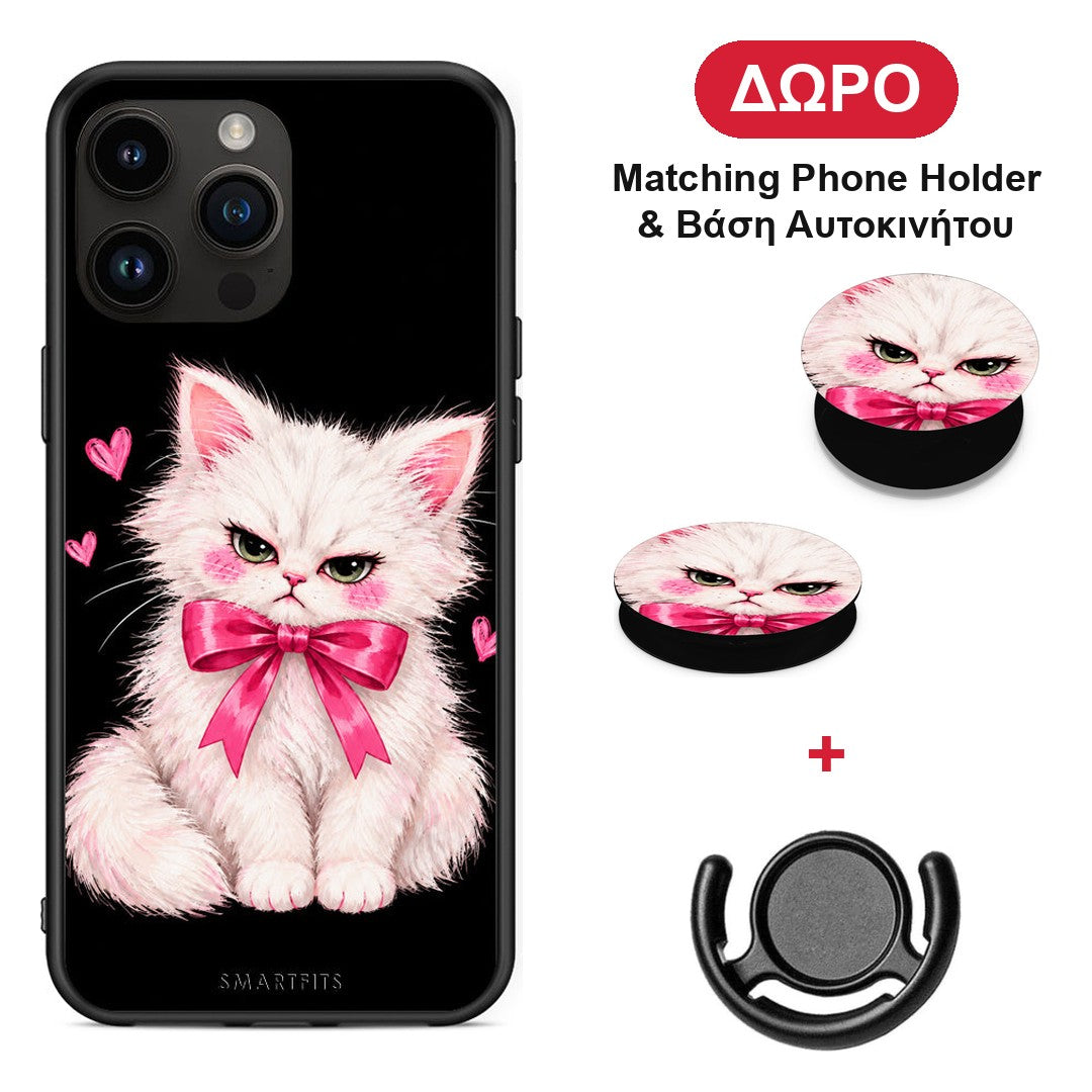 Grumpy Party Kitten on Black - iPhone 15 Pro Max θήκη + Δώρο Phone Holder & Βάση Αυτοκινήτου