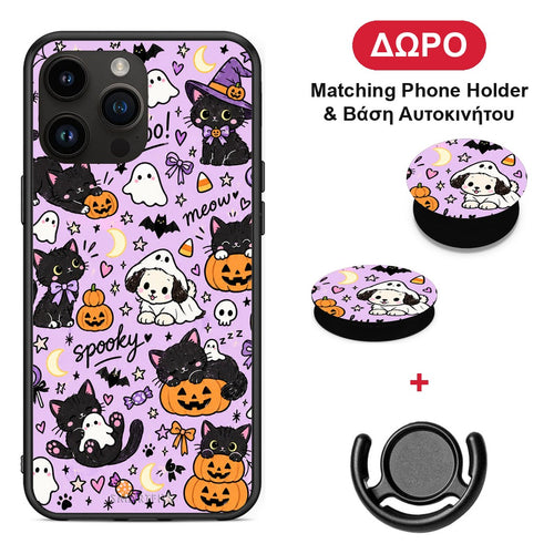 Halloween Black Cats on Lilac - iPhone 15 Pro Max θήκη + Δώρο Phone Holder & Βάση Αυτοκινήτου