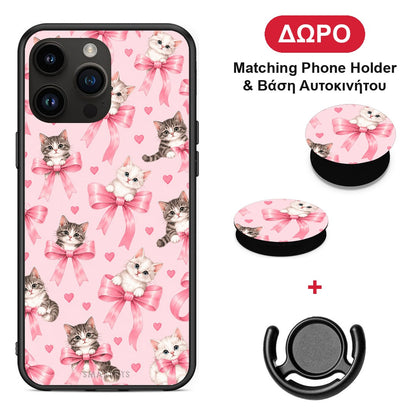 Kittens and Pink Bows on Pink - iPhone 15 Pro Max θήκη + Δώρο Phone Holder & Βάση Αυτοκινήτου