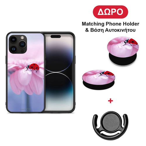 Ladybug Flower - iPhone 15 Pro Max θήκη + Δώρο Phone Holder & Βάση Αυτοκινήτου