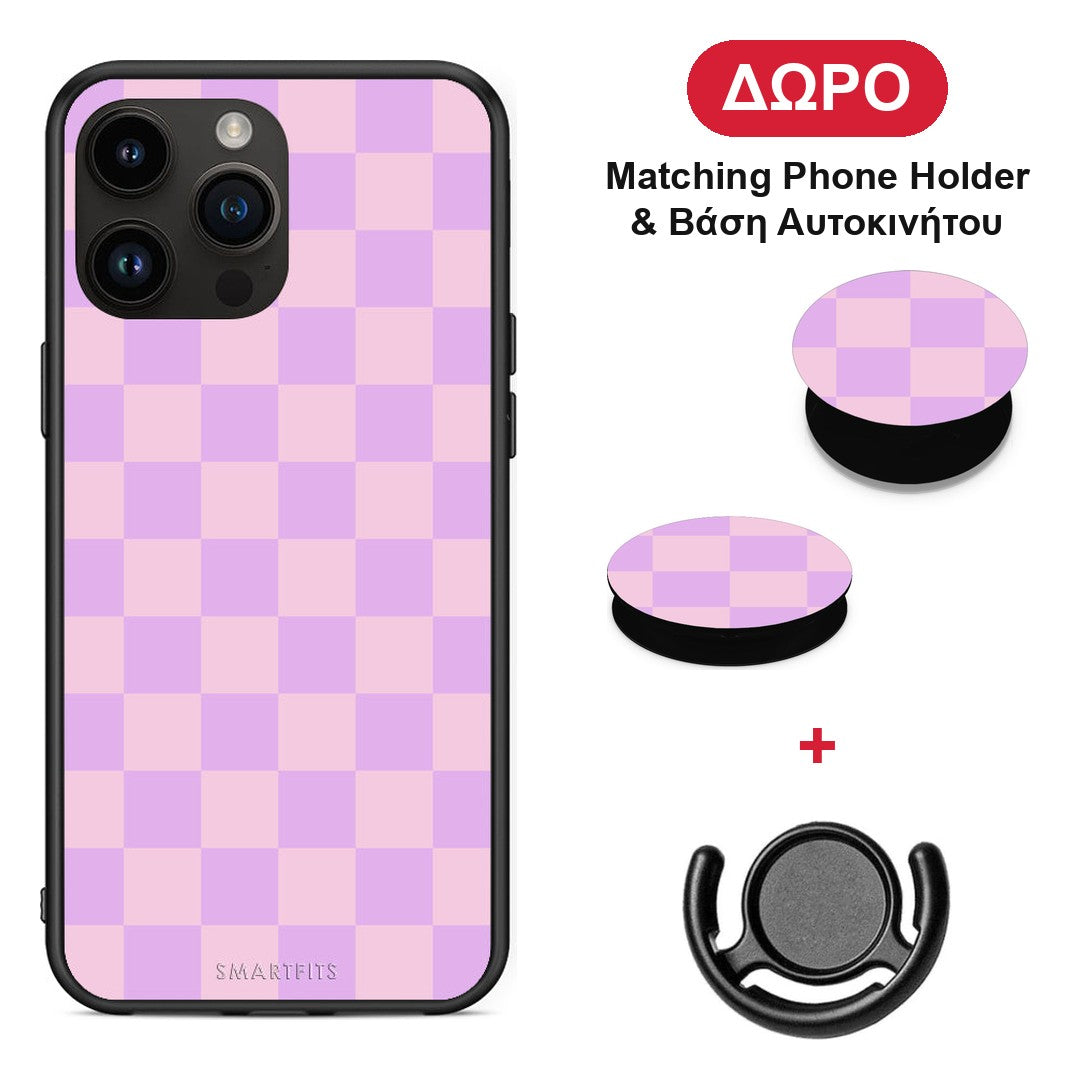 Lavender and Pink Checkerboard - iPhone 15 Pro Max θήκη + Δώρο Phone Holder & Βάση Αυτοκινήτου
