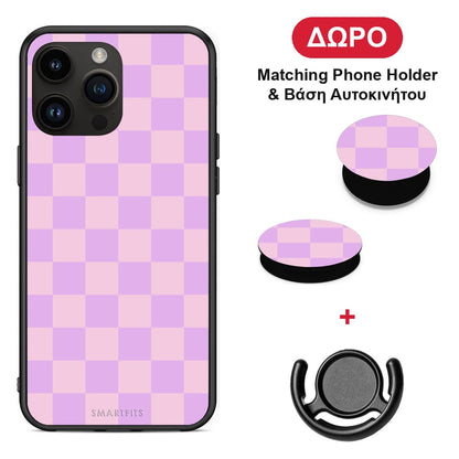 Lavender and Pink Checkerboard - iPhone 15 Pro Max θήκη + Δώρο Phone Holder & Βάση Αυτοκινήτου