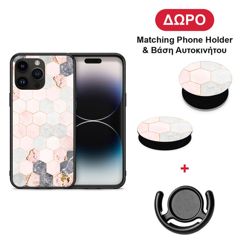 Marble Hexagon Pink - iPhone 15 Pro Max θήκη + Δώρο Phone Holder & Βάση Αυτοκινήτου