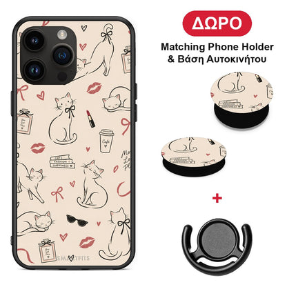 Minimal Cat and Fashion Doodles on Cream - iPhone 15 Pro Max θήκη + Δώρο Phone Holder & Βάση Αυτοκινήτου