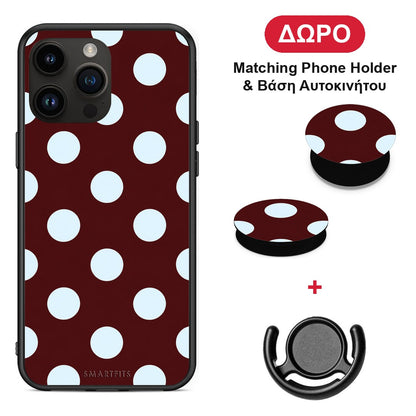 Pale Blue Large Polka Dots on Burgundy - iPhone 15 Pro Max θήκη + Δώρο Phone Holder & Βάση Αυτοκινήτου