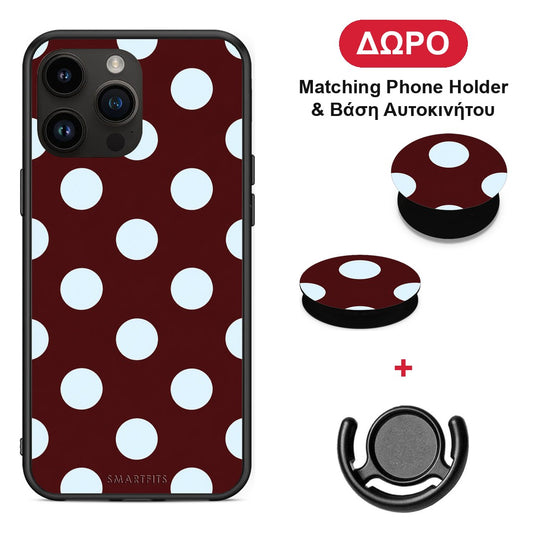 Pale Blue Large Polka Dots on Burgundy - iPhone 15 Pro Max θήκη + Δώρο Phone Holder & Βάση Αυτοκινήτου