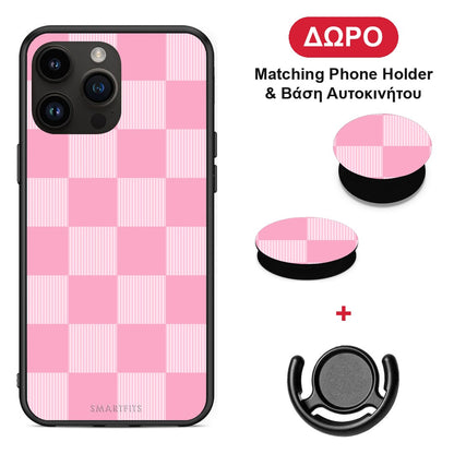 Pink and White Striped Checks - iPhone 15 Pro Max θήκη + Δώρο Phone Holder & Βάση Αυτοκινήτου