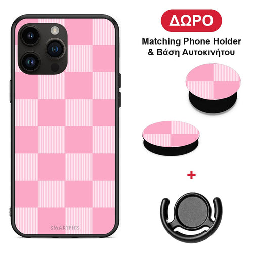 Pink and White Striped Checks - iPhone 15 Pro Max θήκη + Δώρο Phone Holder & Βάση Αυτοκινήτου