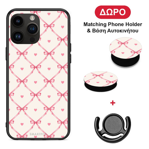 Pink Bow Lattice and Hearts on Cream - iPhone 15 Pro Max θήκη + Δώρο Phone Holder & Βάση Αυτοκινήτου