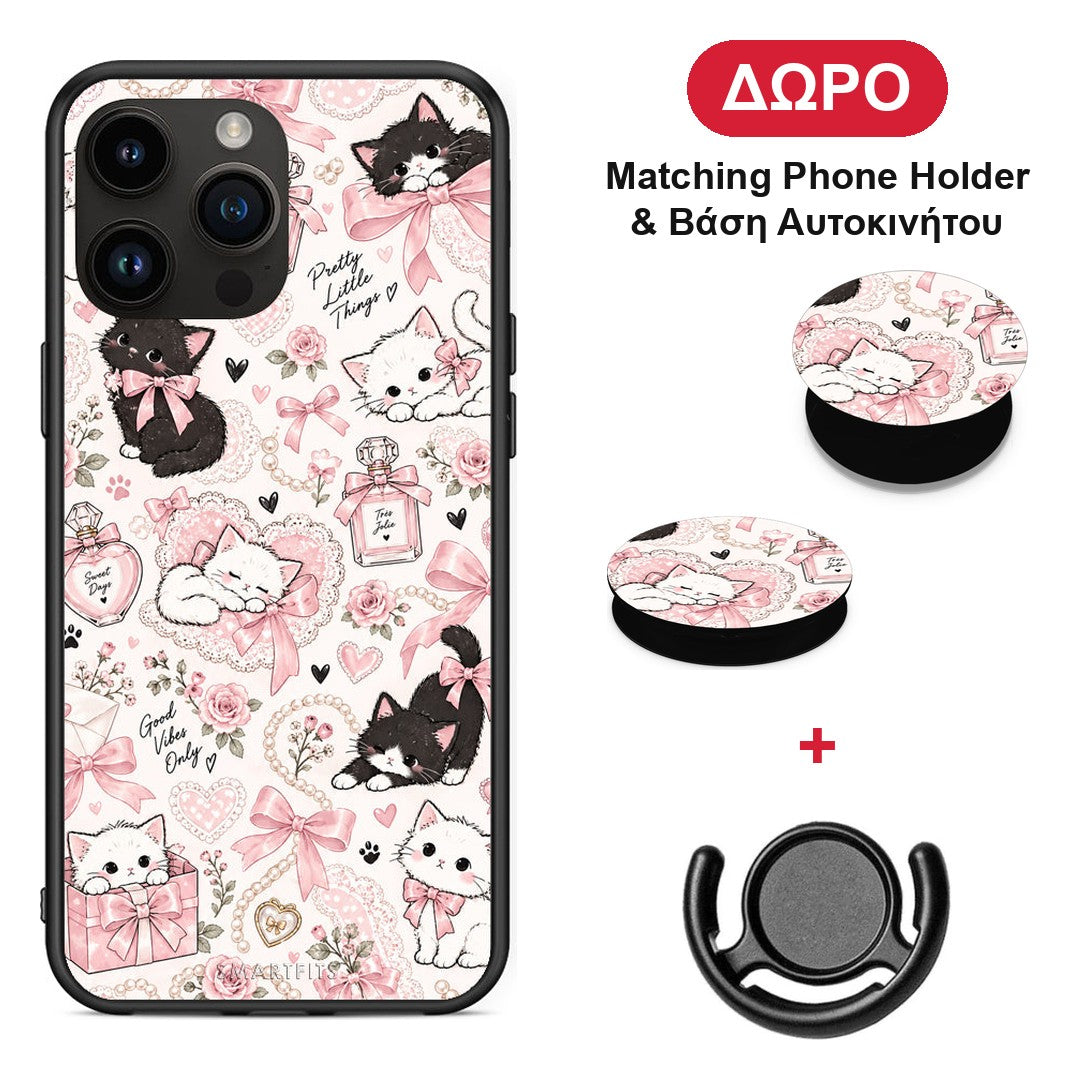 Pink Bows and Kittens Collage - iPhone 15 Pro Max θήκη + Δώρο Phone Holder & Βάση Αυτοκινήτου