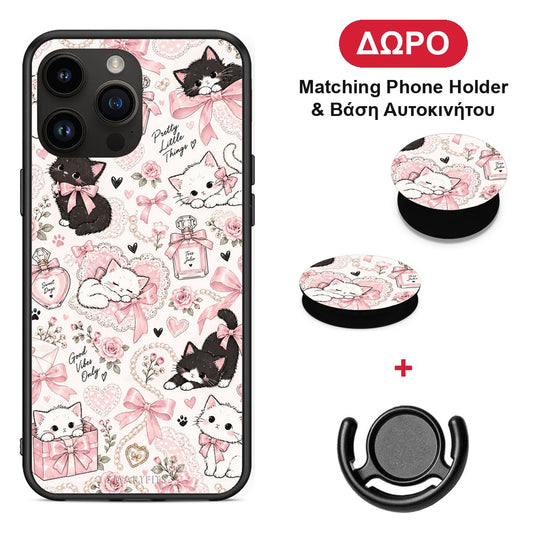 Pink Bows and Kittens Collage - iPhone 15 Pro Max θήκη + Δώρο Phone Holder & Βάση Αυτοκινήτου