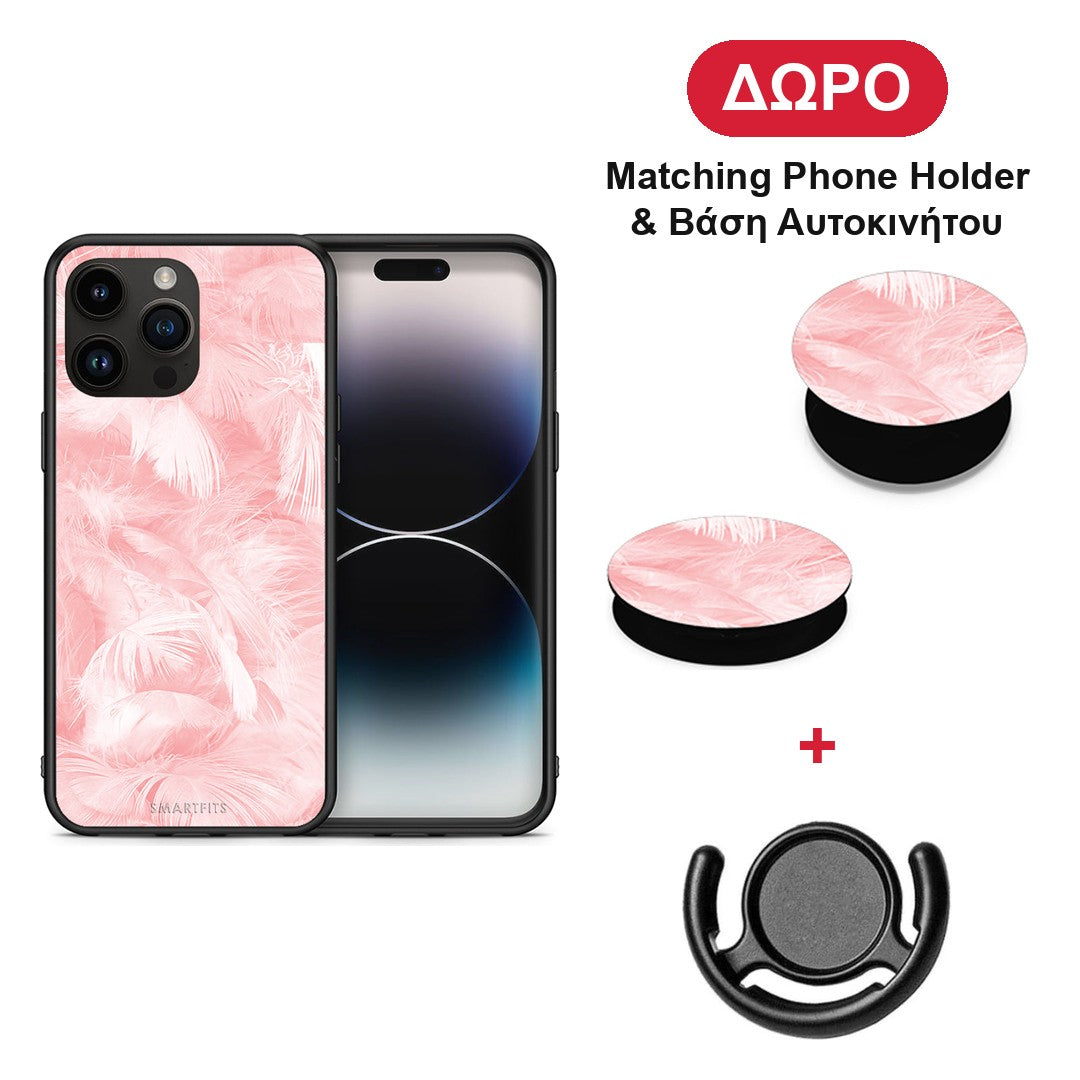 Boho Pink Feather - iPhone 15 Pro Max θήκη + Δώρο Phone Holder & Βάση Αυτοκινήτου