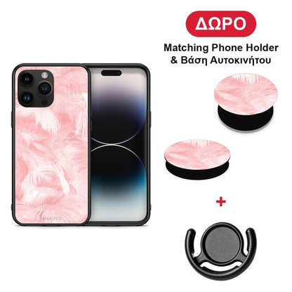 Boho Pink Feather - iPhone 15 Pro Max θήκη + Δώρο Phone Holder & Βάση Αυτοκινήτου