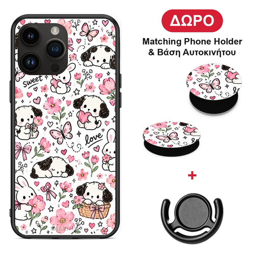 Pink Florals Puppies and Bunnies on White - iPhone 15 Pro Max θήκη + Δώρο Phone Holder & Βάση Αυτοκινήτου