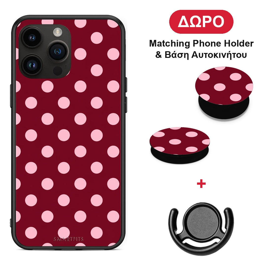 Pink Polka Dots on Burgundy - iPhone 15 Pro Max θήκη + Δώρο Phone Holder & Βάση Αυτοκινήτου