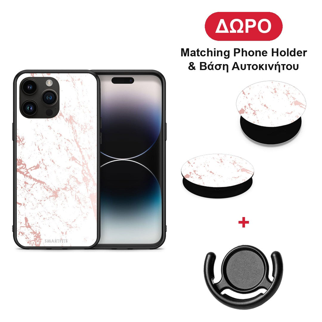 Marble Pink Splash - iPhone 15 Pro Max θήκη + Δώρο Phone Holder & Βάση Αυτοκινήτου