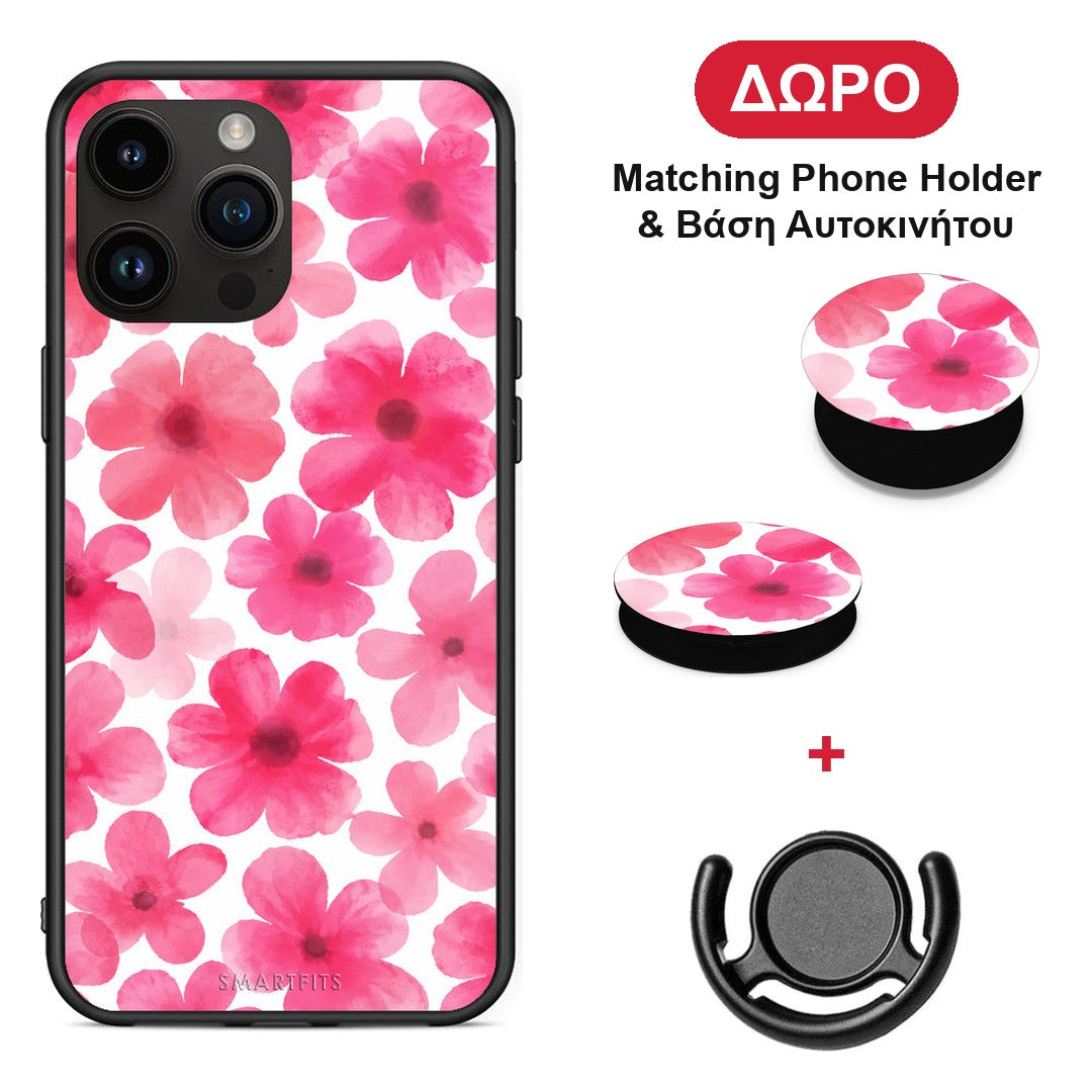 Pink Watercolour Flowers on White - iPhone 15 Pro Max θήκη + Δώρο Phone Holder & Βάση Αυτοκινήτου