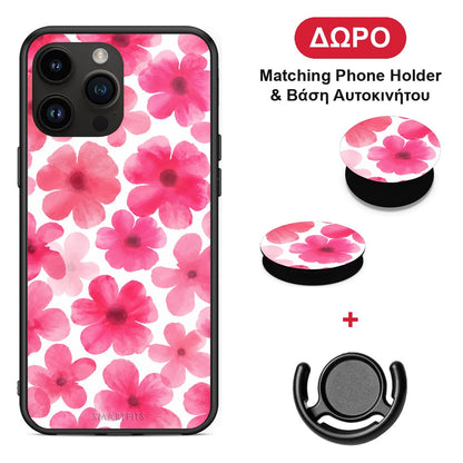 Pink Watercolour Flowers on White - iPhone 15 Pro Max θήκη + Δώρο Phone Holder & Βάση Αυτοκινήτου