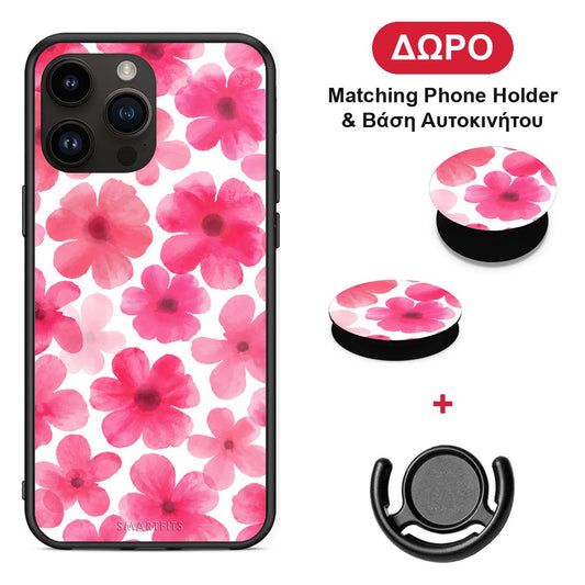 Pink Watercolour Flowers on White - iPhone 15 Pro Max θήκη + Δώρο Phone Holder & Βάση Αυτοκινήτου