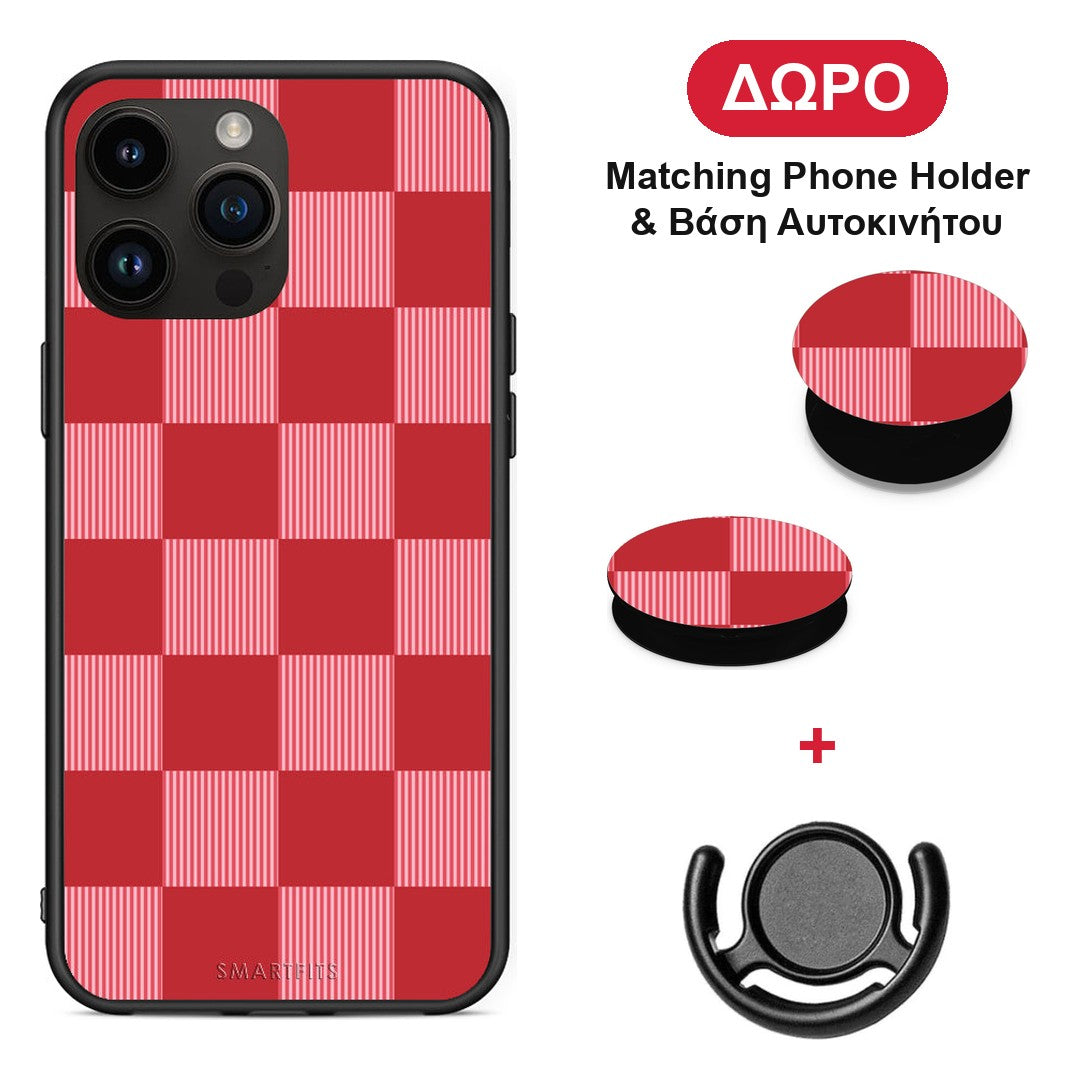 Red and Pink Striped Checks - iPhone 15 Pro Max θήκη + Δώρο Phone Holder & Βάση Αυτοκινήτου