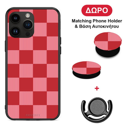 Red and Pink Striped Checks - iPhone 15 Pro Max θήκη + Δώρο Phone Holder & Βάση Αυτοκινήτου