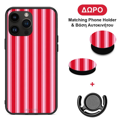 Red and Pink Vertical Pinstripes - iPhone 15 Pro Max θήκη + Δώρο Phone Holder & Βάση Αυτοκινήτου