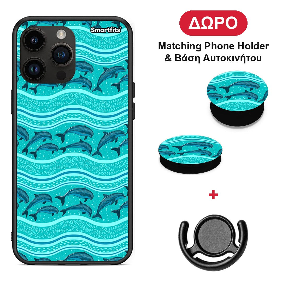 Swimming Dolphins - iPhone 15 Pro Max θήκη + Δώρο Phone Holder & Βάση Αυτοκινήτου