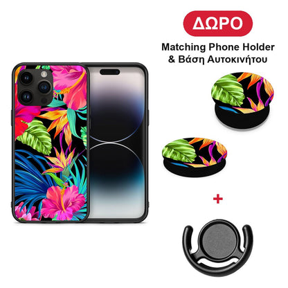 Tropical Flowers - iPhone 15 Pro Max θήκη + Δώρο Phone Holder & Βάση Αυτοκινήτου