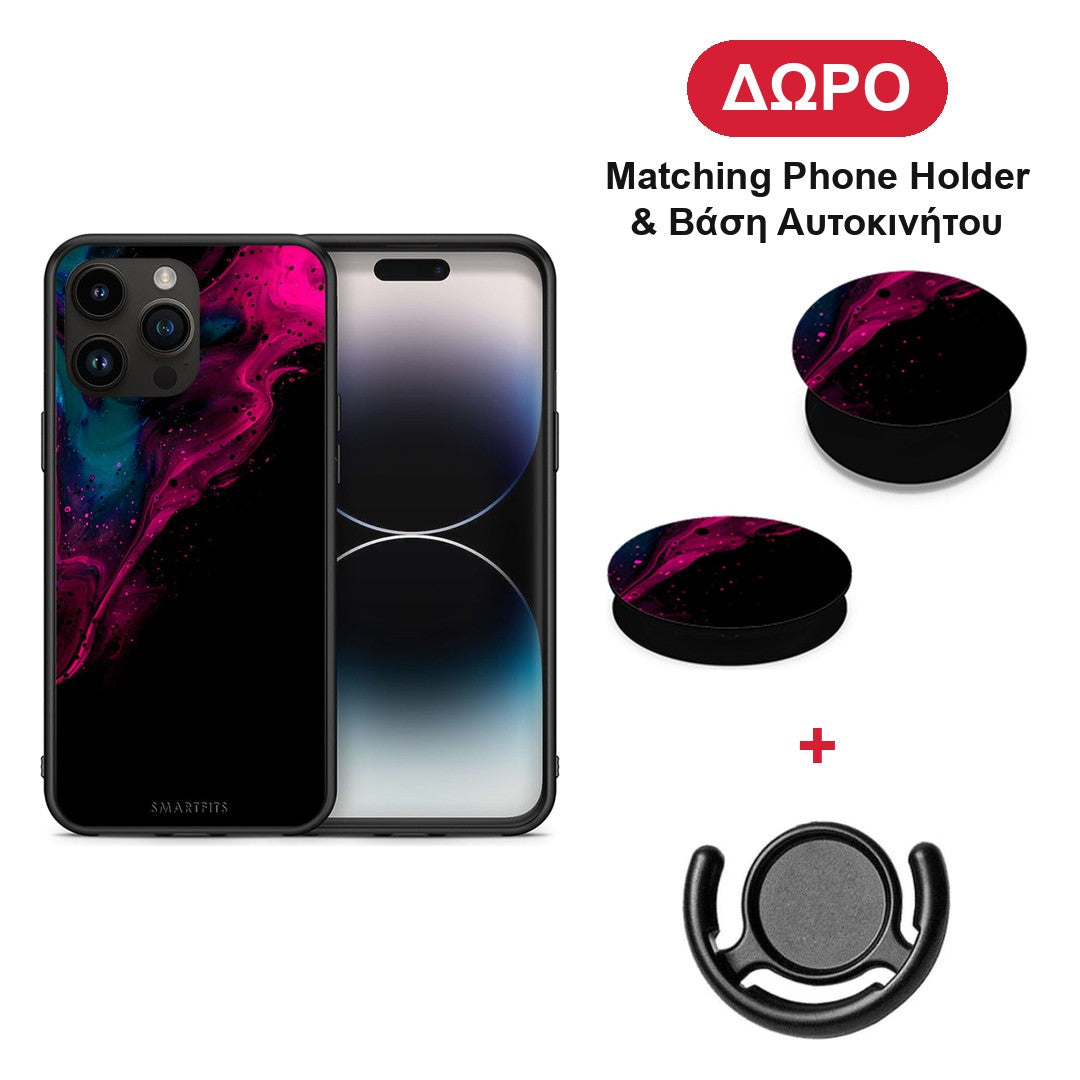 Watercolor Pink Black - iPhone 15 Pro Max θήκη + Δώρο Phone Holder & Βάση Αυτοκινήτου
